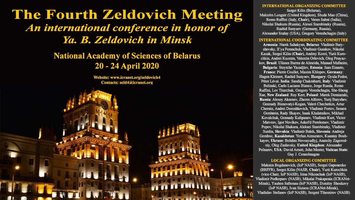 bsu_smu_ff's tweet photo. 😉International Center for Relativistic Astrophysics Network (#ICRANet) together with the @nanbelarus  organize an #InternationalConference "The Fourth Zeldovich meeting" to be held in #Minsk (April 20-24)
Registration deadline: March 15
Visit https://t.co/XIU2s2sK1Q
@ifanbel https://t.co/poQd0h2nun