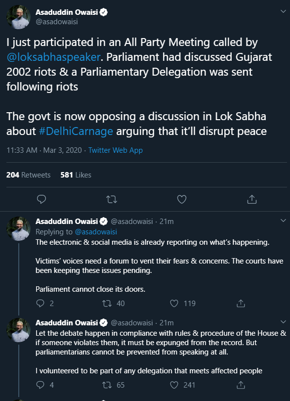 Cnn News18 Newsalert The Govt Is Now Opposing A Discussion In Lok Sabha About Delhicarnage Arguing That It Ll Disrupt Peace Tweets Asaduddin Owaisi Delhiviolence Citizenshipshowdown T Co Avgoh5acik