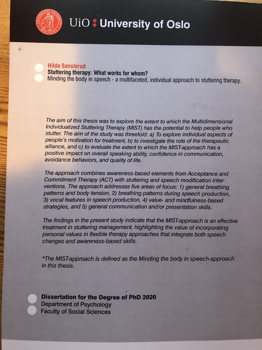 afasirehab's tweet photo. Yesterday, I was so lucky as to attend the big day of @HildaSonsterud. She has done a brilliant #phd on #StutteringTherapy: What works for whom? A #multifaceted, individual approach. #PersonalGoalSetting #WorkingAlliance @Psykologiskinst @Statped @Stammeforening @stiftelsendam https://t.co/FEMxlodWtE