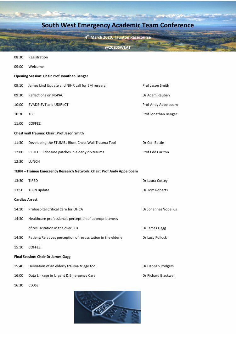 Take a look at the programme for <a href="/2020SWEAT/">2020:SWEAT</a> tomorrow. Due to a couple of late cancellations we have 2 tickets available for anyone interested... <a href="/RCollEM/">Royal College of Emergency Medicine</a> #EmergencyMedicine @NIHRSW @sw_ahsn eventbrite.co.uk/e/2020sweat-ti…