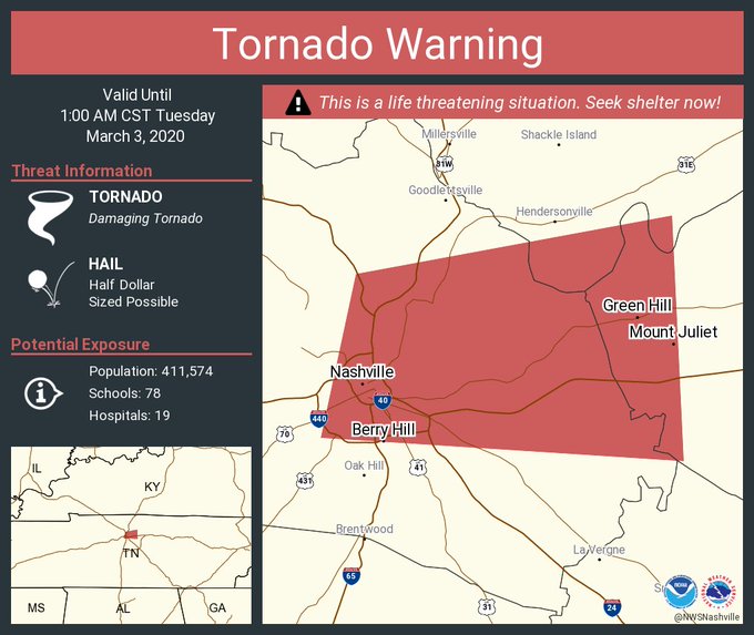 PDS Tornado warning for Nashville Tennessee