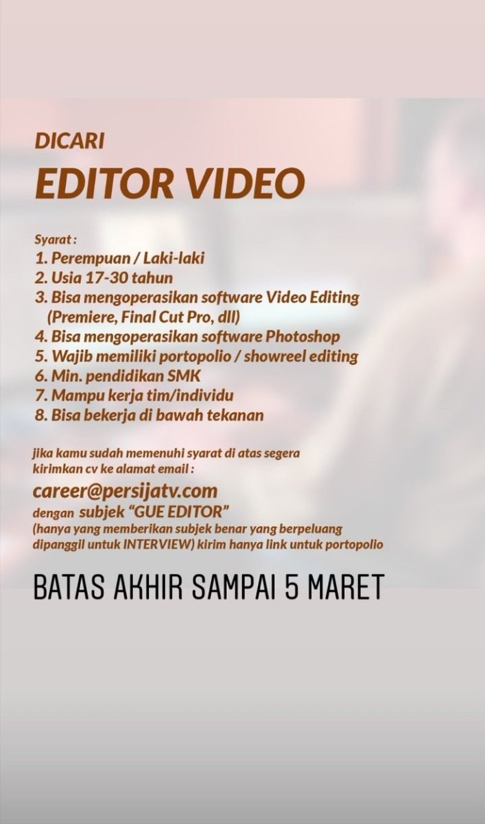 Lingkar_Jakarta's tweet photo. Loker dari Persija TV..
@tribunkultur_ @OrenBarat @Jakmania_Pabrik @_AwayDay https://t.co/S2SoHS5cnt