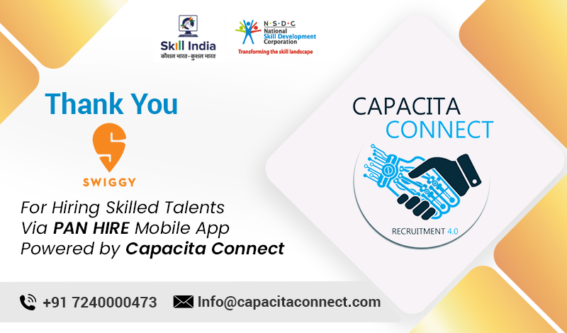 CapacitaConnect's tweet photo. Capacita Connect presents its heartfelt thanks to Swiggy for #HIRING our skilled students and to let them use their ability and talent to build a bright future.
Download the #PANHIRE mobile app, and easily hire the candidate of your choice #HumanResources #skillindia #nsdc #rsldc https://t.co/SQMvXIYQip