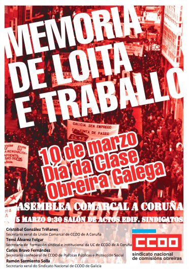 📆#TesUnhaCita #Asemblea de 
@ccooacoruna o xoves #5Marzo 9:30 horas

✊🏻Para reforzar os traballos do #8Marzo Día da #MullerTraballadora e #10Marzo Día da #ClaseObreiraGalega

🗳️Para presentar as propostas de @ccoogalicia
para o #novogoberno da @Xunta elixido o vindeiro #5Abril