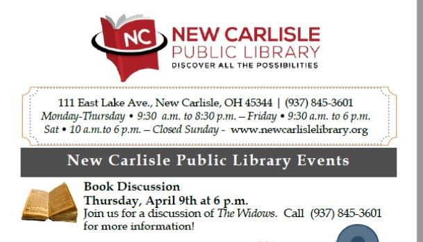 obmc2020's tweet photo. New Carlisle Public Library will be hosting a book discussion of The Widows by Jess Montgomery, the 2020 #OneBookManyCommunities selection.

Call the library for more information. https://t.co/M1mA7vPBpa