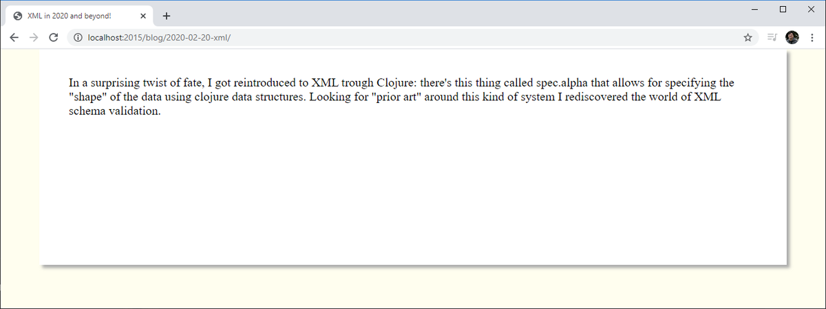 EmmanuelOga's tweet photo. Site generator progressing... this thing is taking a bit longer than I thought but it is actually already fun to use 🤩

Pipeline: #XML ➡️#RelaxNG ➡️ #XSLT3 (#Saxon) ➡️ #HTML5

Glue:  #Clojure 🔥 https://t.co/pEZeZNYBLX