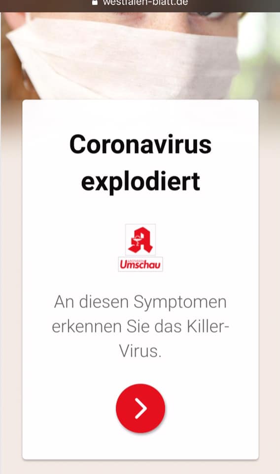 Guten Morgen, <a href="/AU_de/">Apotheken Umschau</a>
Darf ich höflich fragen, ob ihr Nasentropfen sauft? Wenn ihr SOLCHE Anzeigen auf Lokalzeitungsseiten schaltet, darf sich wirklich niemand über Hamsterkäufe und Panik wundern.