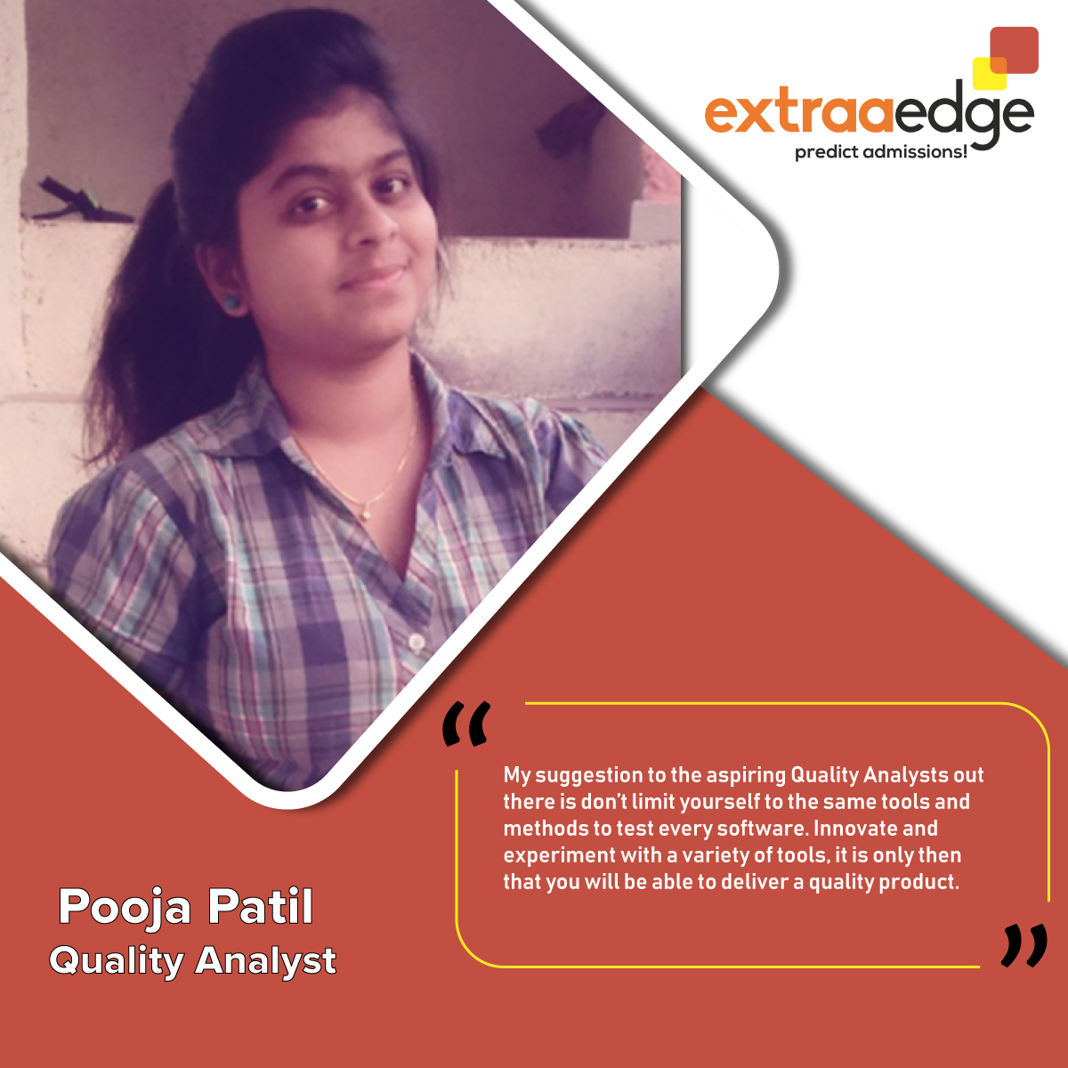 ExtraaEdge's tweet image. #Team Talks
Meet Ms. Pooja Patil - Quality Analyst. She’s a skilled individual who has played an instrumental role in Quality Analysis. Here’s what she has to say about her journey:
linkedin.com/feed/update/ur…
#lifeatextraaedge #startuplife #quality_analyst #tester #pune