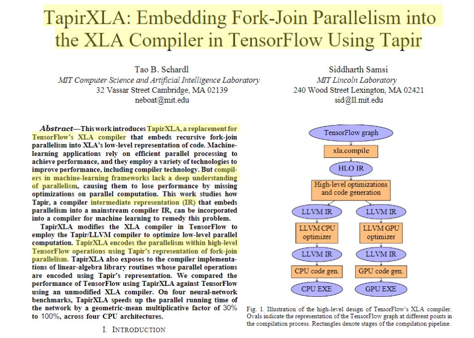 semanticbeeng's tweet photo. "#TapirXLA: Embedding Fork-Join Parallelism into the XLA Compiler in TensorFlow Using Tapir"

"geometric-mean multiplicative speedups from 30% to 100% across four multicore o rmanycore CPU architectures"

#TensorFlow #XLA
#ProgramTransformation #LLVM
https://t.co/jRzI2F4fXd https://t.co/N3yIylfh8s