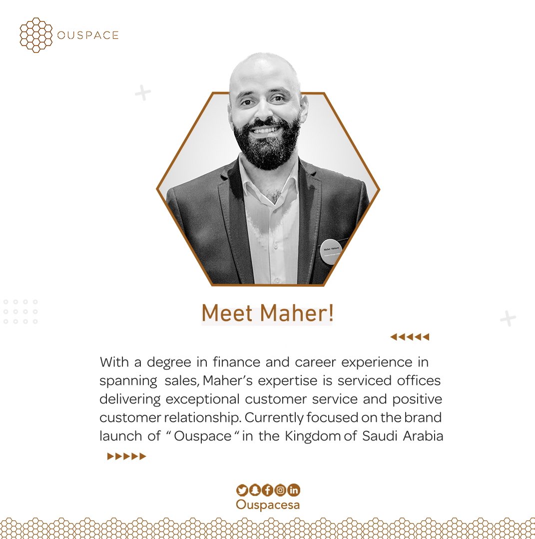 ouspacesa's tweet photo. With a degree in finance and career experience in spanning sales, Maher’s  expertise is serviced offices delivering  exceptional customer service and positive customer relationship. Currently focused on the brand launch  of “#Ouspace“ in the Kingdom of #SaudiArabia https://t.co/AkqHE3EN8j