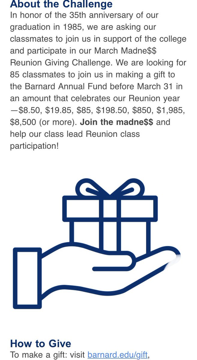 Barnard_1985's tweet photo. Classmates, join our March Madne$$ Reunion Giving Challenge. We need 85 classmates to gift the BarnardAnnualFund before March 31 in an amount that celebrates our Reunion year—$8.50, $19.85, $85, $198.50, $850, $1,985, $8,500... To make a gift: visit https://t.co/kA7djjqkGu https://t.co/kczVrR3A57