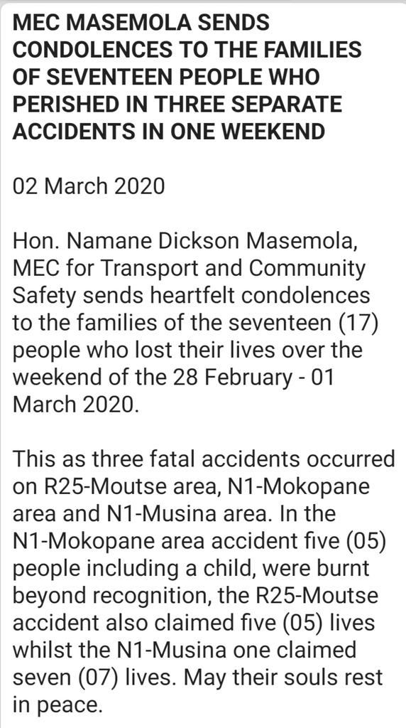 FDigone's tweet photo. #RoadCrashes molekgotlaphethisho wa kgoro ya tshireletso ya sechaba le dinamelwa ka mo Limpopo o rometse mantsu a matshidisho go ba malapa a batho ba 17 bao ba hlokofetsego di kotsing tsa go fapana ka mo profenseng mo mafelelong a beke beke @RadioSekhukhune https://t.co/qbEbRUvJBu