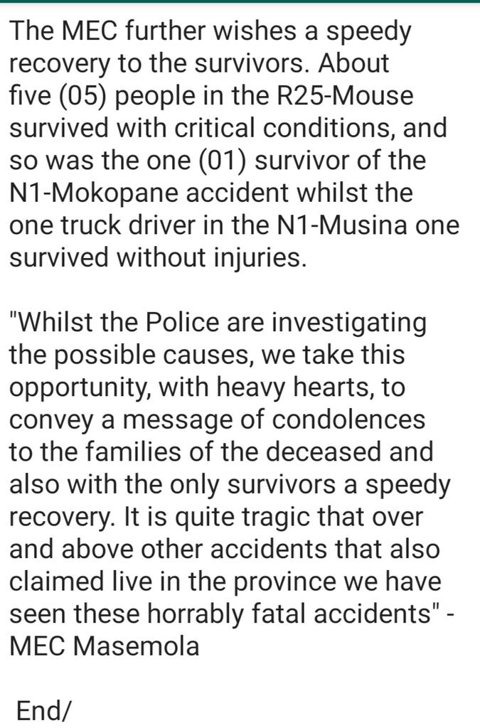 FDigone's tweet photo. #RoadCrashes molekgotlaphethisho wa kgoro ya tshireletso ya sechaba le dinamelwa ka mo Limpopo o rometse mantsu a matshidisho go ba malapa a batho ba 17 bao ba hlokofetsego di kotsing tsa go fapana ka mo profenseng mo mafelelong a beke beke @RadioSekhukhune https://t.co/qbEbRUvJBu
