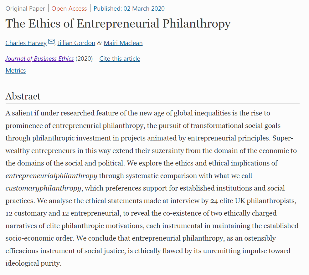 SpringerEthics's tweet photo. The Ethics of Entrepreneurial Philanthropy

by Charles Harvey, Jillian Gordon &amp; Mairi Maclean 

Journal of Business Ethics

https://t.co/vWC9TYanEy https://t.co/RgCjevEvQb