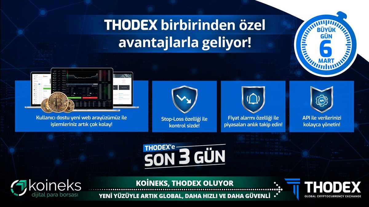 Thodex'te sizi birçok yenilik ve sürpriz bekliyor. Tüm bunlar ve çok daha fazlası için son 3 gün! Tüm kampanyalar ve gelişmeler için takipte kalın! #Bitcoin #thodex