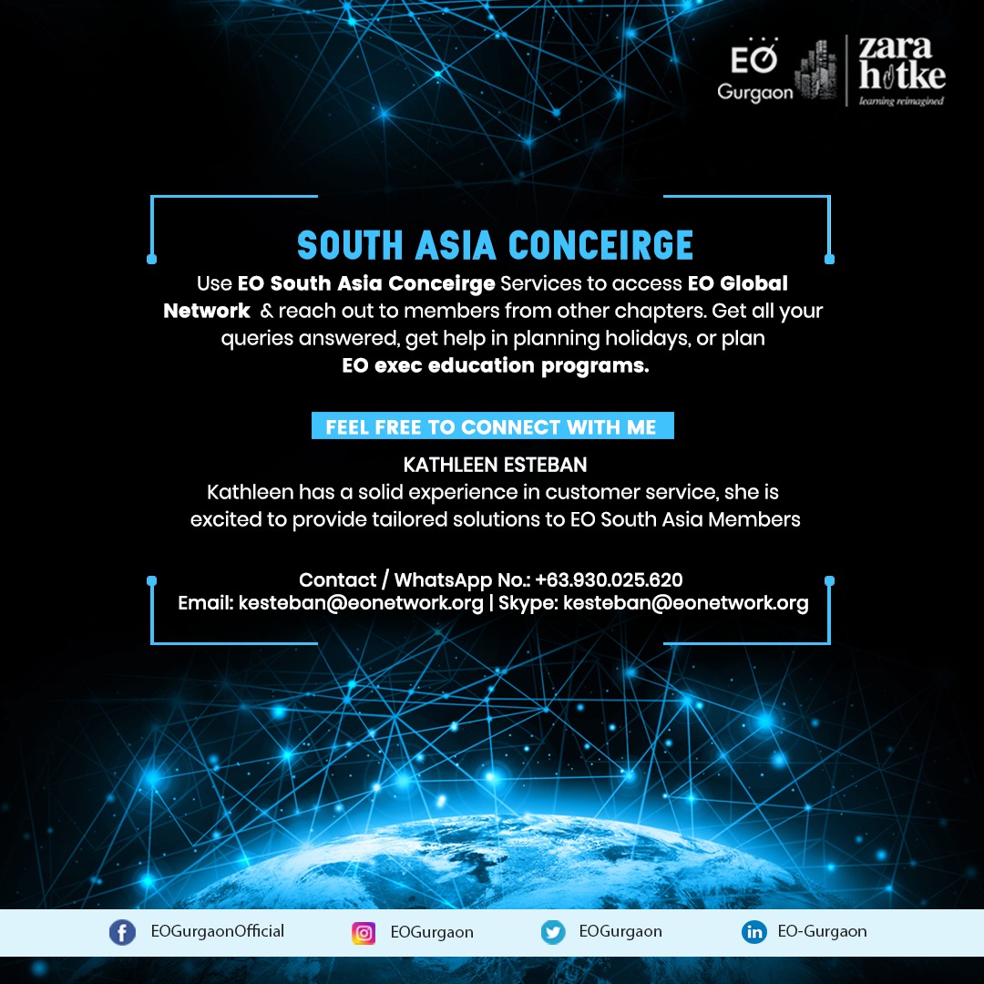 Stay Connected. Network Globally.

Install concierge services to access EO Global Network to reach out to members from other chapters. Get all your queries answered, get help in planning holidays, or plan EO exec education programs.

#EOGurgaon #ZaraHatke #EOSA #EOSouthAsia