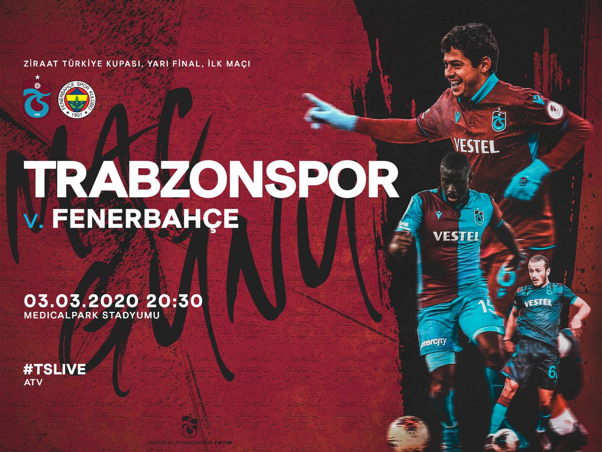 🔥 MAÇ GÜNÜ 🔴🔵 ZTK
⚽️ Trabzonspor 🆚 Fenerbahçe
🗓️ 03.03.2020 Salı  ⏰ 20.30
🏟️ Medical Park Stadyumu
📺 ATV
📲 #BugünGünlerdenTrabzonspor #ParçalıForma
⚡️ #BizBize #Yanyana #HaydeMaça