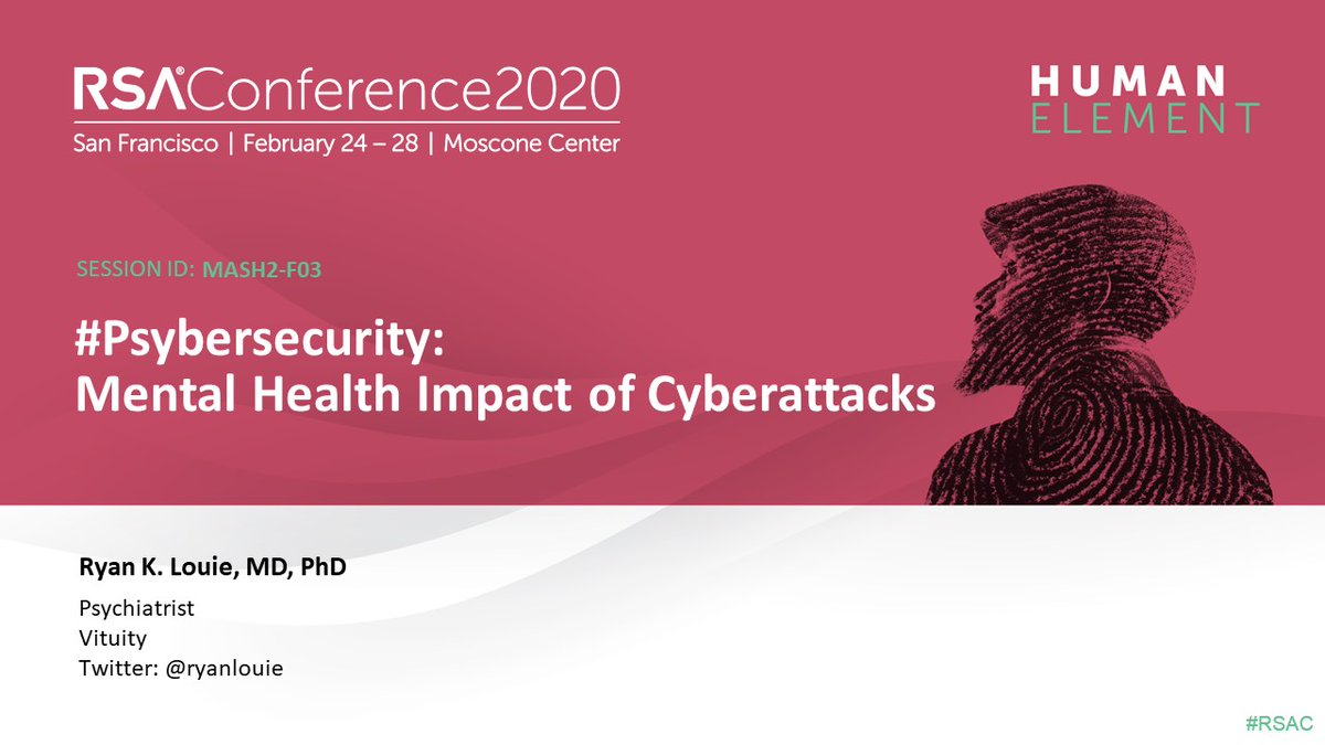 ryanlouie's tweet photo. @DrHughThompson @brittaglade @RSAConference #Psybersecurity: Mental Health Impact of Cyberattacks. https://t.co/0sy1QPo6hz @RSAConference #RSAC #HumanElement #cybersecurity #infosec #mentalhealth #attacksurface #psychiatricengineering https://t.co/VlmbyFRSVw
