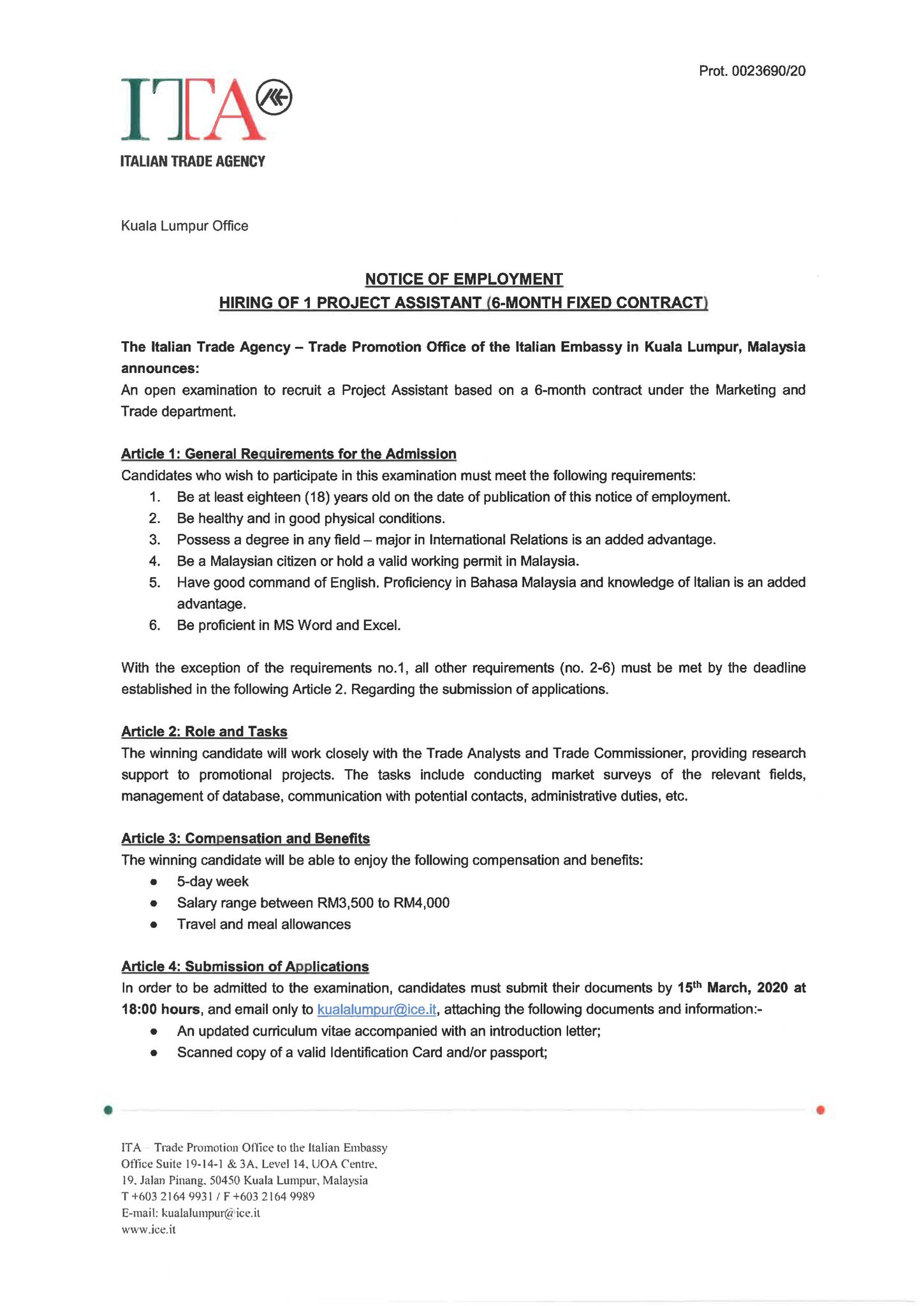 Itakuala Lumpur On Twitter Notice Of Employment Hiring Of Project Assistant Itakuala Lumpur Announces An Open Examination To Recruit Project Assistant Based On A 6 Month Contract In Order To Be Admitted For Examination Candidates