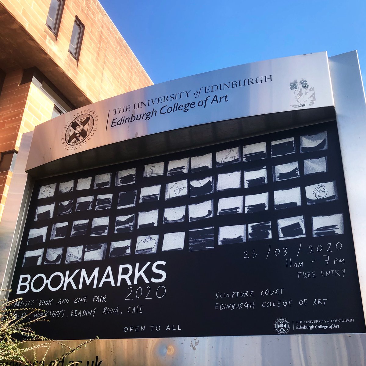 ecaillustration's tweet photo. Our #ecabookmarks planter is up! Catch us and some brilliant illustrators, designers, zine makers and speakers on the 25th March in the Edinburgh College of Art Sculpture Court
.
.
.
#ecabookmarks #creativeedi https://t.co/OkiygszSep
