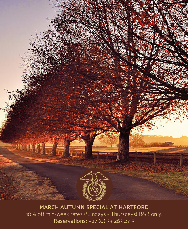 Hartford House (@hartfordhouse) on Twitter photo March Autumn Special at Hartford House
10% off mid-week rates (Sundays - Thursdays) B&B only.
Reservations +27 (0) 33 263 2713/email info@hartford.co.za
<a href="/MidlandsMeander/">Midlands Meander</a> <a href="/N3Gateway/">N3 Gateway</a> <a href="/Summerhill_Stud/">Summerhill Stud</a> <a href="/CapitalStud/">Capital Stud</a> <a href="/dbntourism/">Durban Tourism</a>
#SouthAfrica #hotels #travel #midlandsmeander #midlands March Autumn Special at Hartford House
10% off mid-week rates (Sundays - Thursdays) B&B only.
Reservations +27 (0) 33 263 2713/email info@hartford.co.za
<a href="/MidlandsMeander/">Midlands Meander</a> <a href="/N3Gateway/">N3 Gateway</a> <a href="/Summerhill_Stud/">Summerhill Stud</a> <a href="/CapitalStud/">Capital Stud</a> <a href="/dbntourism/">Durban Tourism</a>
#SouthAfrica #hotels #travel #midlandsmeander #midlands