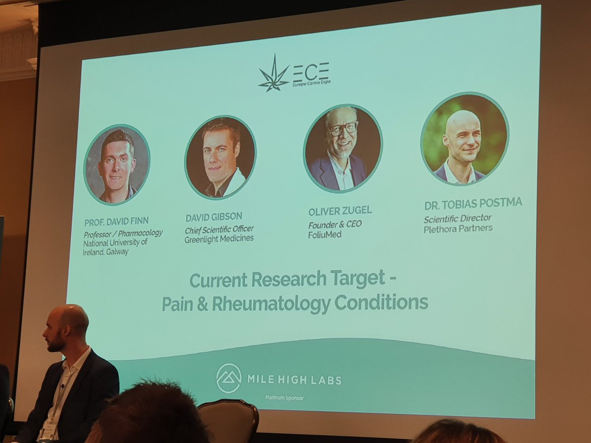 MCN_Global's tweet photo. @EuropeCannaExpo Professor David Finn @nuigalway @ICRS_Society Dr David Gibson @David_S_Gibson @GreenLightMeds, Oliver Zugel @OZugel @foliumed, and Dr Tobias Postma from #TopoConsulting are discussing current #medicalcannabis #research targets in #pain &amp; #rheumatology conditions https://t.co/ja97gE6doc