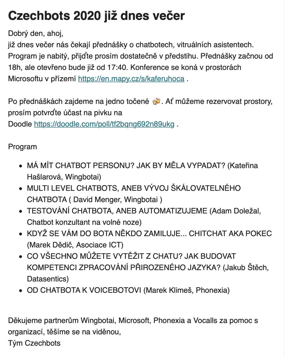 Již dnes večer od 18h konference o virtuálních asistentech 🤖 

Pojďte nasdílet zkušenosti z vývoje, testování a provozu chatbotů z velkých projektů

czechbots.cz