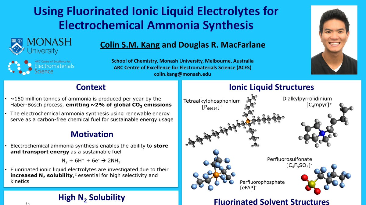 #RSCPoster2020 time! 
Careful selection of electrolytes to promote nitrogen gas solubility and improve ammonia production.

For anyone interested in a carbon-free energy source around the world! 
#RSCEnergy <a href="/Monash_Science/">Monash Science</a> <a href="/ARC_ACES/">ACES</a>