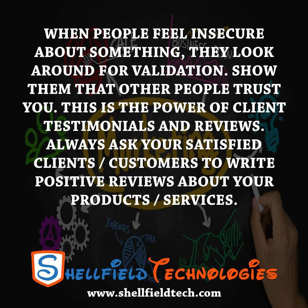 shellfieldtech's tweet photo. When people feel insecure about sumtin, they look around 4 validation. Show them that other people trust U. This is the power of client testimonials &amp; reviews. Always ask your satisfied customers 2 write positive reviews about your products.
#marketing #digitalmarketing #business https://t.co/CIfvACiYmB