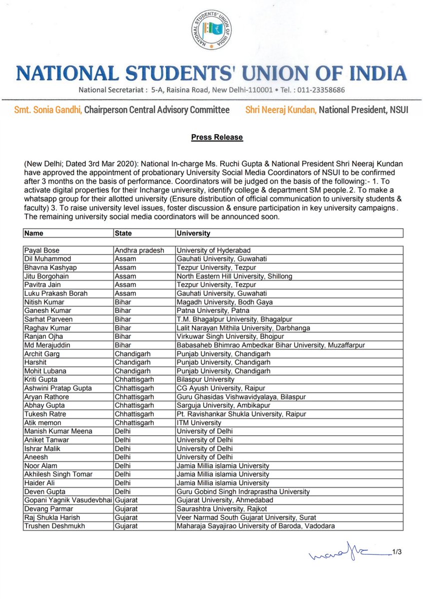NSUI COMMUNIQUE NSUI National In-charge Ms. @guptar \u0026 National President  Shri @Neerajkundan have approved the appointment of Probationary University  Social Media Coordinators of NSUI. The remaining university social media  coordinators will be, image size:847x1200