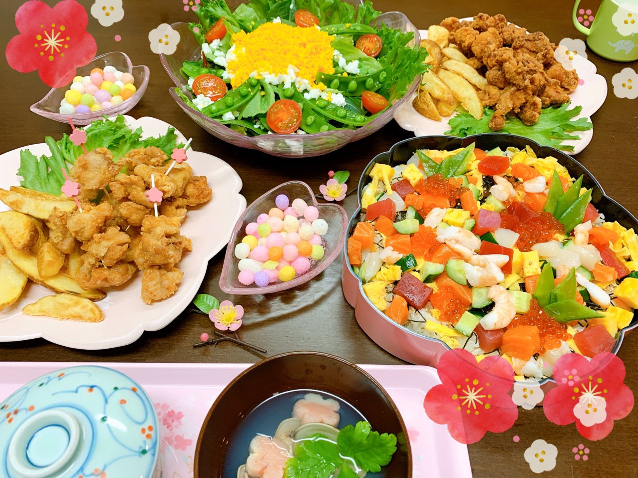 タコ 三姉妹7 5 3歳 ひな祭りでした メニューはいつもの ちょっと飽きてきたので来年はガラリと変えたい 子供たちはひな祭りパーティー と大はしゃぎでした 4枚目は次女のお雛様 T Co Qkpplpa50n Twitter