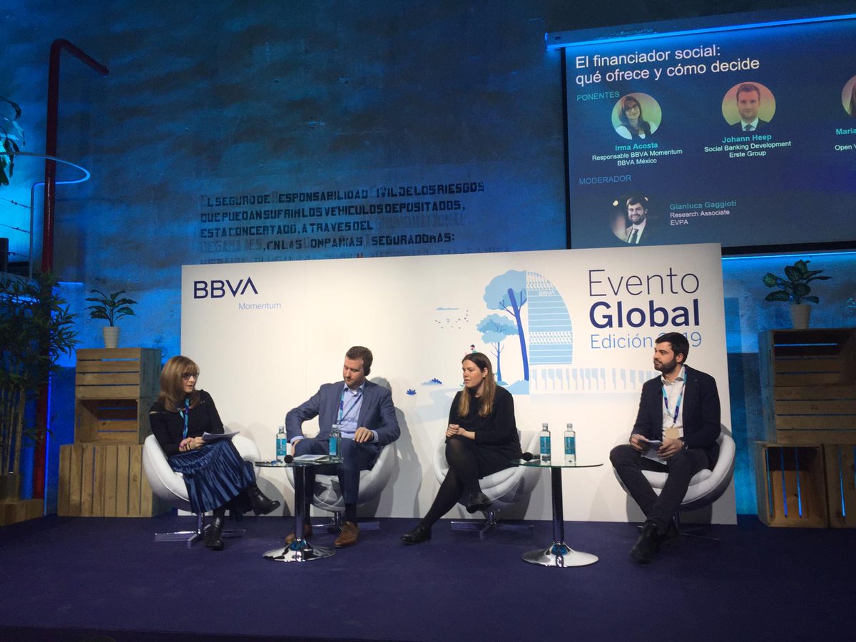 Corresponsables's tweet photo. Arranca la mesa de debate: "El financiador social: qué ofrece y como decide" con Irma Acosta de 
@BBVA_Mex, @JohannHeep de @ErsteGroup, María Cruz-Conde de @OpenValueFound moderada por @gian_gaggiotti de @_EVPA_ en #BBVAMomentum19. https://t.co/T32d4RDRNq
