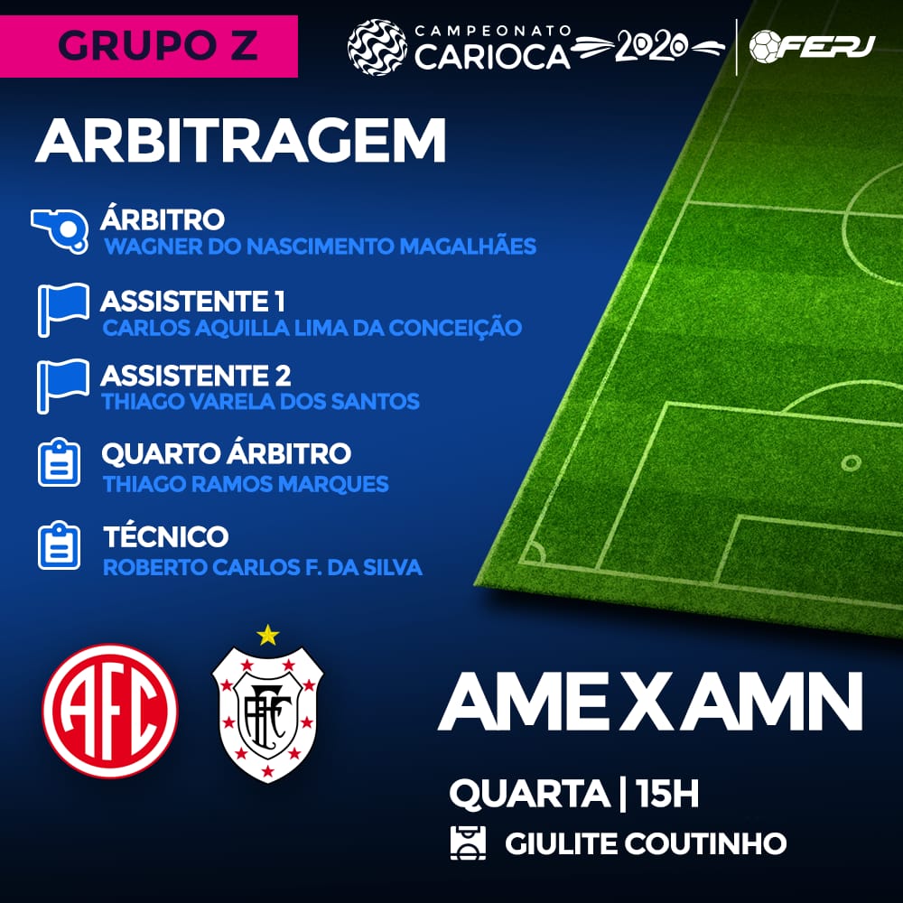 Cariocao's tweet photo. Confira a equipe de arbitragem que estará na partida entre @AmericaRJ e @Americano_FC, no Giulite Coutinho, nesta quarta, às 15h, pelo grupo Z.
A partida será transmitida AO VIVO pela TV FERJ.
#Cariocão2020 #futeboldorio #AMExAMN https://t.co/RlXTfzZdSM