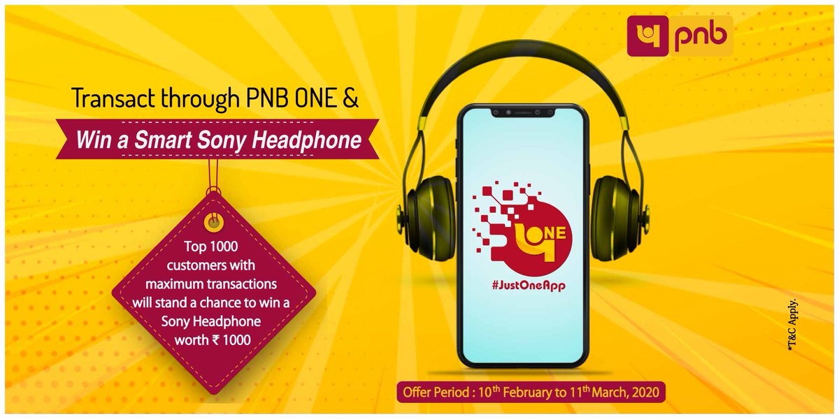 pnbindia's tweet photo. Now transact through PNB ONE and get rewarded. Top 1000 customers with maximum transactions through PNB ONE will get a chance to win a Smart Sony Headphone worth Rs.1000. Hurry up! The offer is valid until 11th March, 2020. T&C: https://t.co/5v2wxPsLV5
#PNBONE #Offers #JustOneApp https://t.co/mYwY1EZg2S