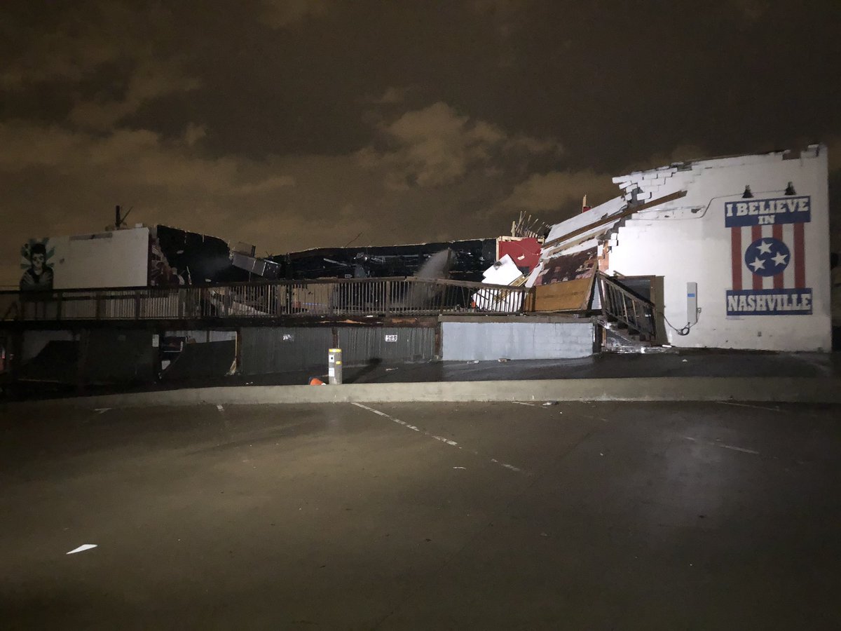 Devastated seeing the destruction in #Nashville from the tornado this morning. Ripped right through where I used to live. Hoping there are no more casualties. The Basement East music venue flattened, but the 'I Believe In Nashville" sign stood strong. #NashvilleStrong 💙