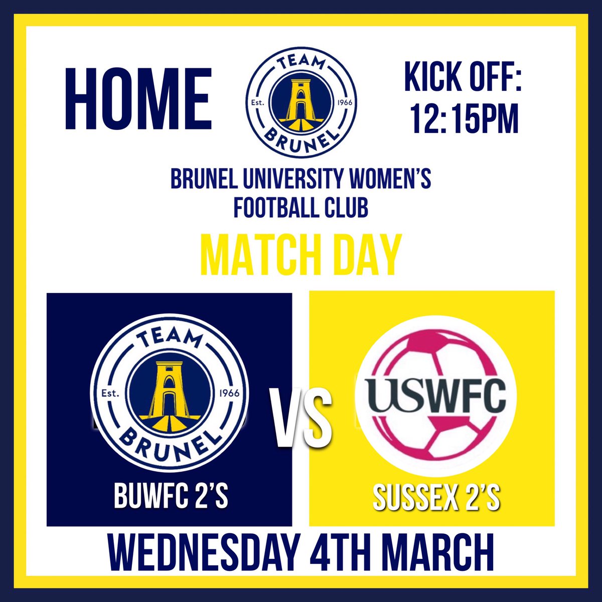 ⚽️Tomorrow it’s match day‼️⚽️

🆚Sussex 2’s
⏰ 12:15PM
📅 4/03/20
📍3G Sports Park 

Our 2’s look to continue their chase for the league title, hosting Sussex 2’s at Brunel. Please come down and support our girls, the more support the better💛💙 Good luck girls!!