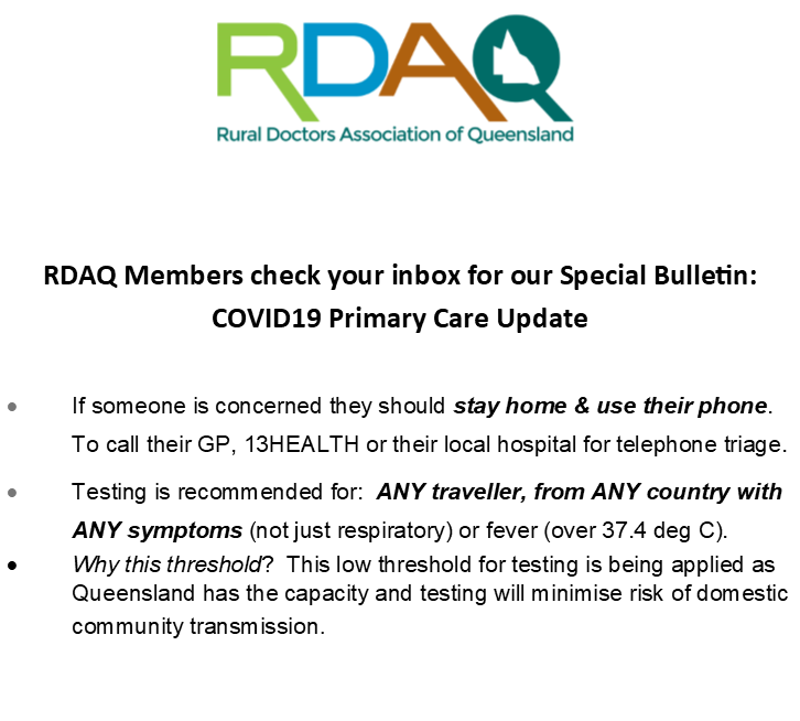 RuralDocsQ's tweet photo. #COVID19 #coronavirus
Concerned in Qld? Stay at HOME & use the PHONE
<14days from ANY country +ANY symptoms or fever >37.4?
@qldhealthnews wants testing (LOW threshold=best detection)
Call GP or 13HEALTH or local hospital (DON'T visit)
RDAQ members check email for details https://t.co/fuW34Se8xN
