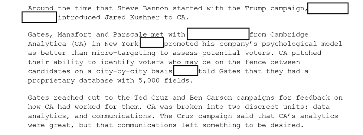 Gates, Manafort, and Parscale met up with Cambridge Analytica to discuss their $5 million test run with Ted Cruz, which was managed by Missouri political consultant Jeff Roe.(Many connections. Get the thumbtacks and string.)