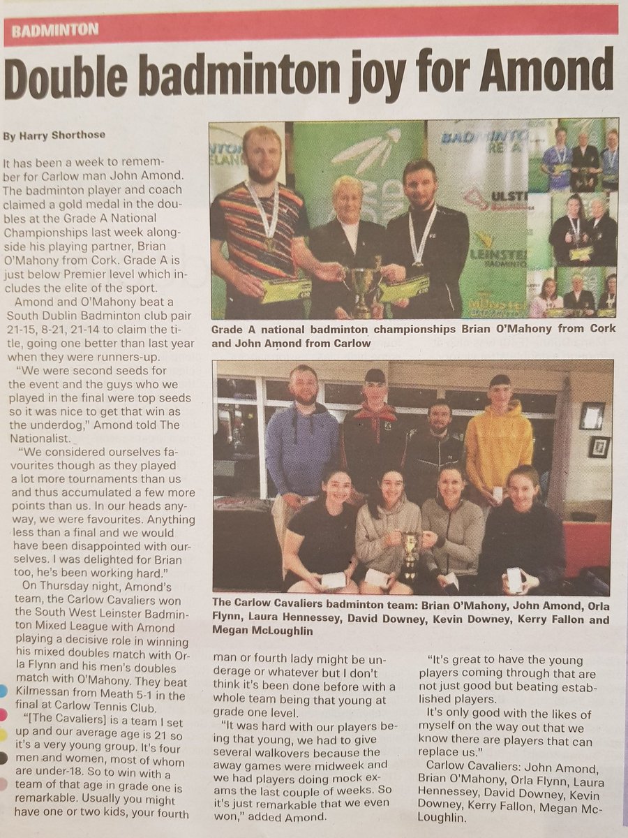 amondcoaching1's tweet photo. Great to see Badminton covered in the Carlow Nationalist. Huge thanks to @harrysarticles for a great write up and for his continued support!!! https://t.co/GWAn8Jj3rx