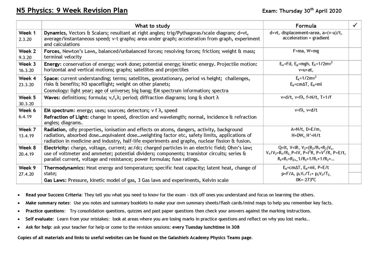 Mrs_Pritchard_'s tweet photo. P H Y S I C S    R E V I S I O N 

This year the Physics Exams are in April so there are only 9 weeks to go! Study Support is available for all levels on Tuesday lunchtimes every week in 308.
Copies of revision planners (Higher and N5 available on Teams (for a paper copy see me) https://t.co/040D48lBVA