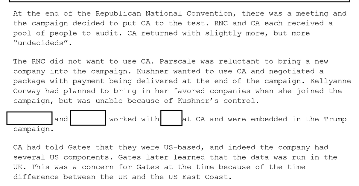 The RNC didn't want to use Cambridge Analytica. (Makes sense, data had been Reince Priebus' initiative.) Kushner did though. (Did Bibi tell him much? )CA told Gates they were American. 
