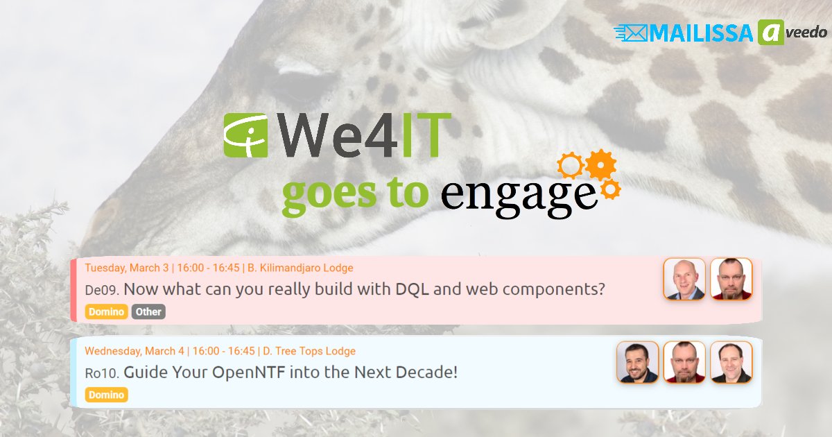 We4IT's tweet photo. What can you really build with DQL and web components?
Join @markleusink and @zeromancer1972 at 16.00 in room B.
#engageug https://t.co/6HoHE6SFOw