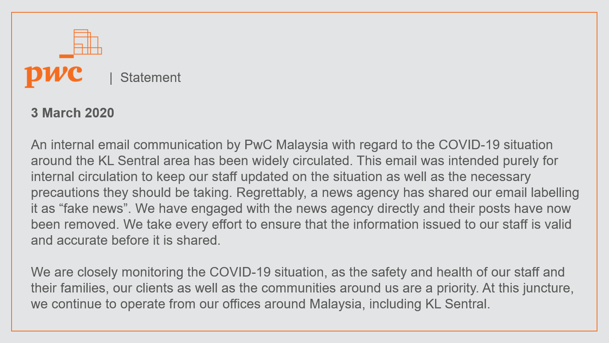 PwC_Malaysia's tweet photo. Our statement on an internal email communication that's been circulating on social media. https://t.co/uinw9mCKSQ