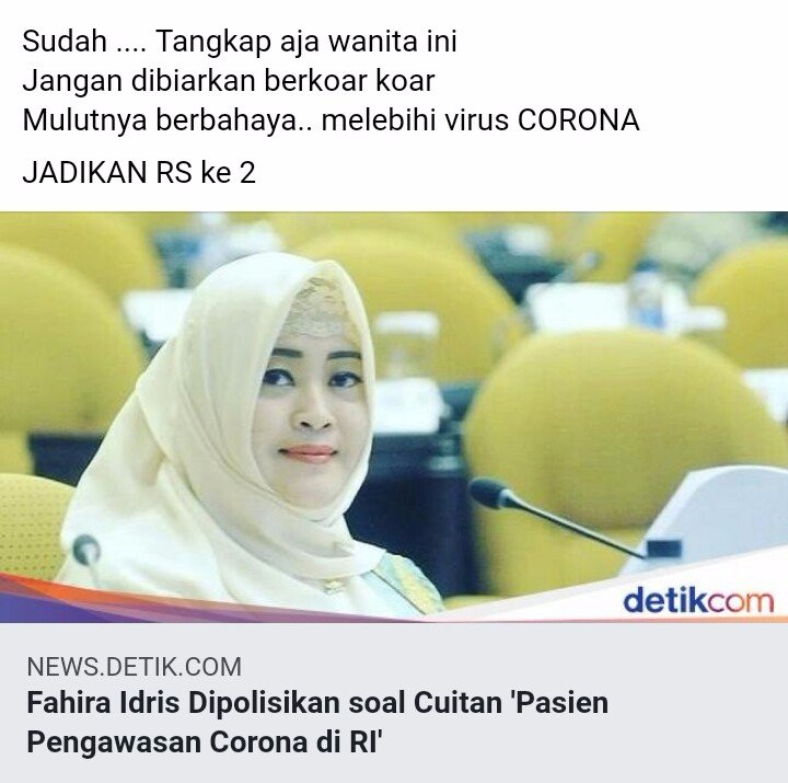 Nehanrizalgmai1's tweet photo. @VIVAcoid TANGKAP FAHIRA IDRIS PENEBAR HOAX VIRUS CORONA TUJUAN SI FAHIRA MEMFITNAH PRESIDEN JOKOWI... HUKUM TDK BOLEH PANDANG BULU https://t.co/rDO7dkFLJL