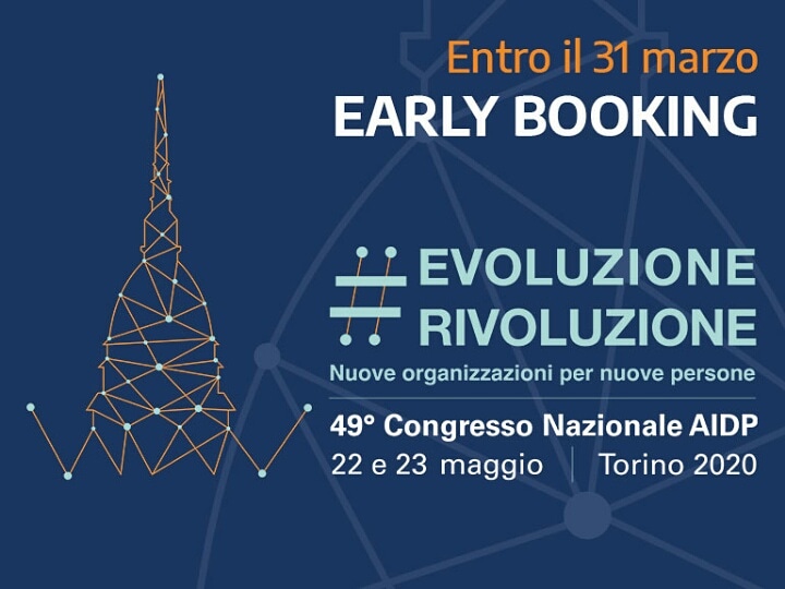 Data la situazione in essere,  AIDP ha deciso di prorogare i termini della scadenza dell'early booking fino al 31 marzo!​ Sul nostro sito scopri le novità! #EvoluzioneRivoluzione.
Iscriviti subito😉. Ci vediamo a Torino, il 22 e 23 maggio presso l'OGR.​

#aidp2020
