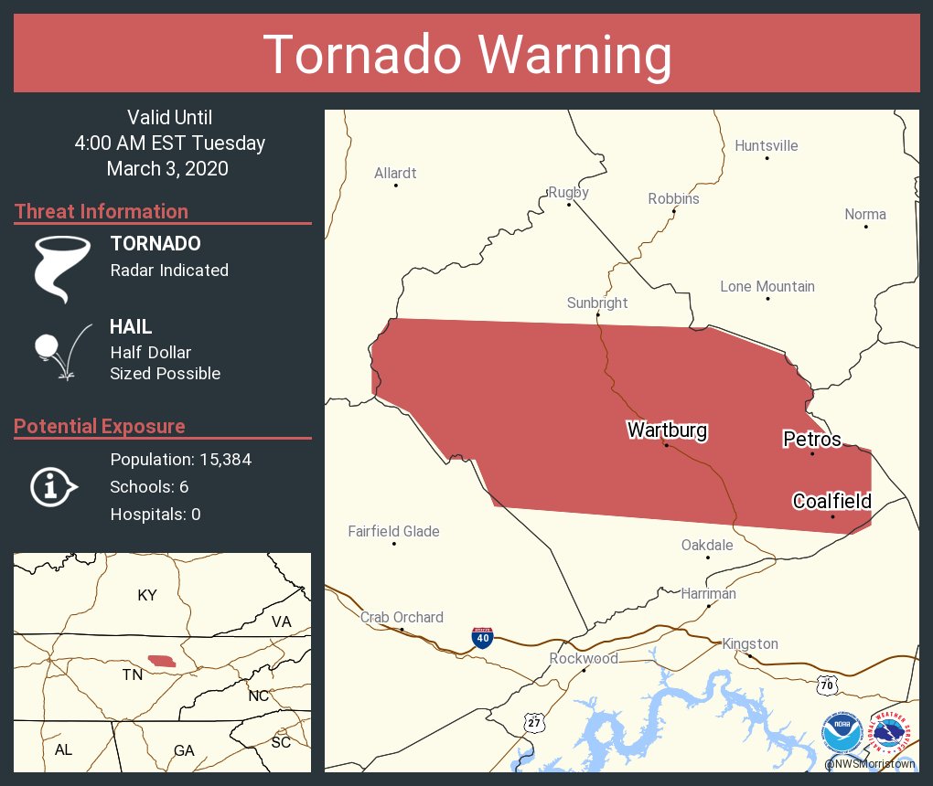 Tornado Warning continues for Coalfield TN, Wartburg TN, Petros TN
