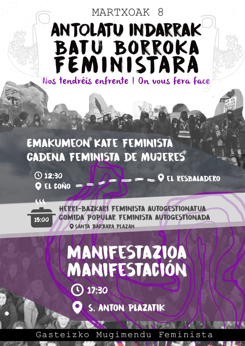GasteizkoMF's tweet photo. 😈 MARTXOAK 8 | EGITARAUA

📌 12:30 | KATE FEMINISTA
_Coño | Resbaladero_
📌 15:00 | BAZKARIA
_Santa Barbara_
📌 17:30 | MANIFESTAZIOA
_San Anton_

#batuborrokara #antolatuindarrak https://t.co/eXZVeoUeUY