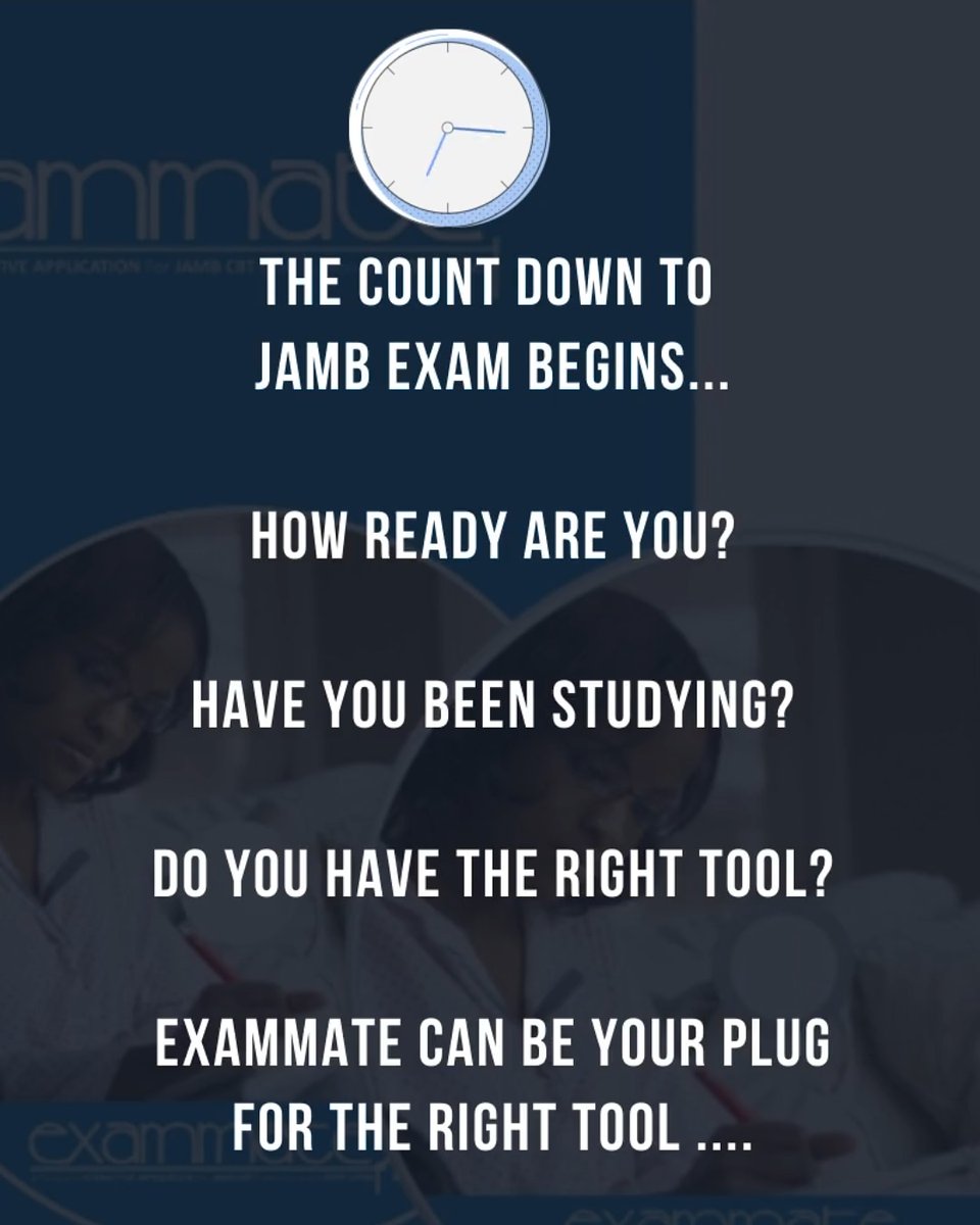 eSoftContent's tweet photo. The count down to #jamb exam begins...

How ready are you ?

#Exammate is the best tool you need..

Smile, we've got you covered!
.
 #jambrecommendedbook #ExamMate #allsubjects #sweetsixteen #beststudysoftware https://t.co/q64ZCOtUCW
