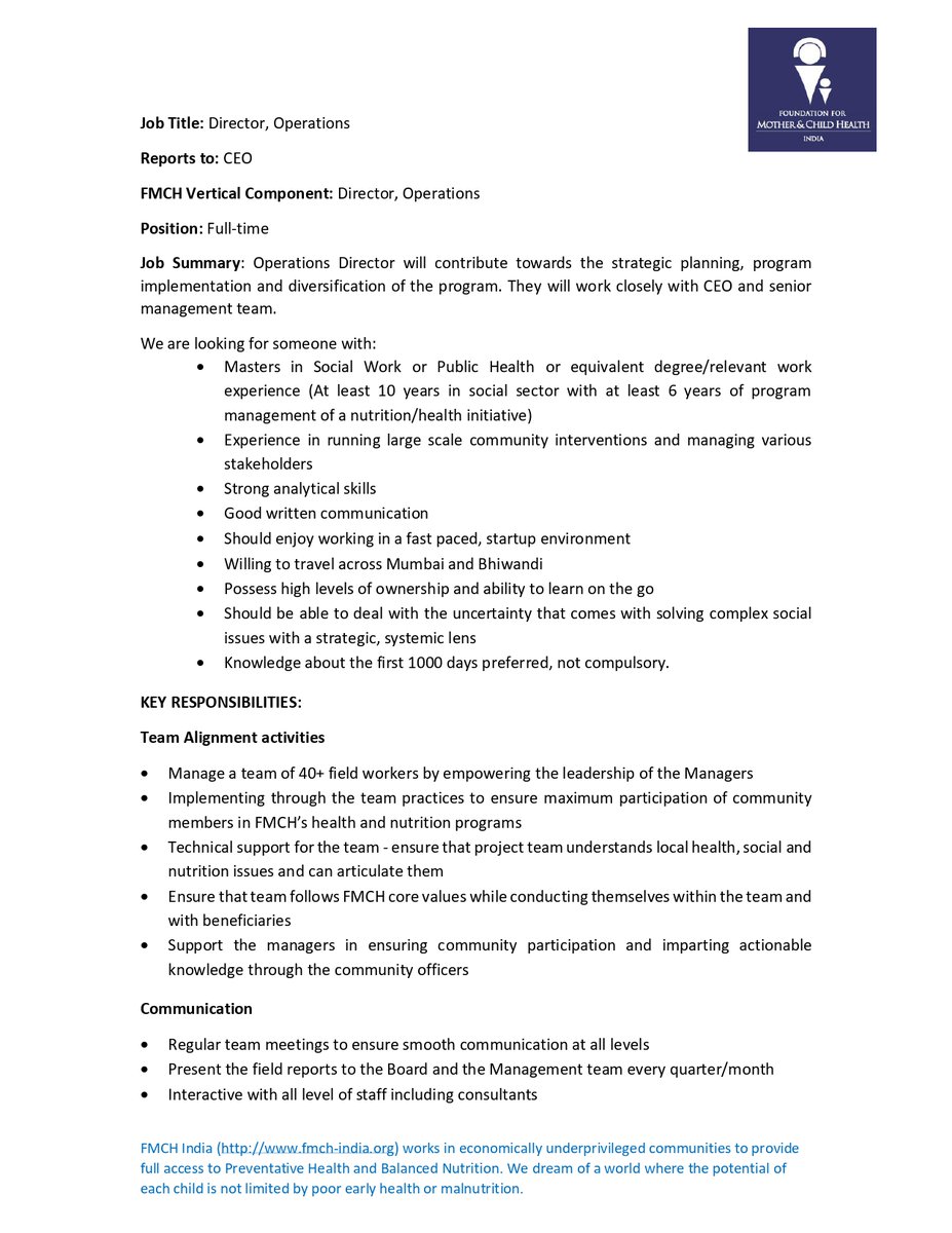 FMCHIndia's tweet photo. "We are hiring- Operations Director!"
We are looking for you if you have a work experience of atleast 8-10 years in the social sector, with 6 years in program management of health/nutrition initiative.
#fmchindia #hiringnow #leadershiprole #dynamicteam #startupenvironment https://t.co/wM7bYc8rDU