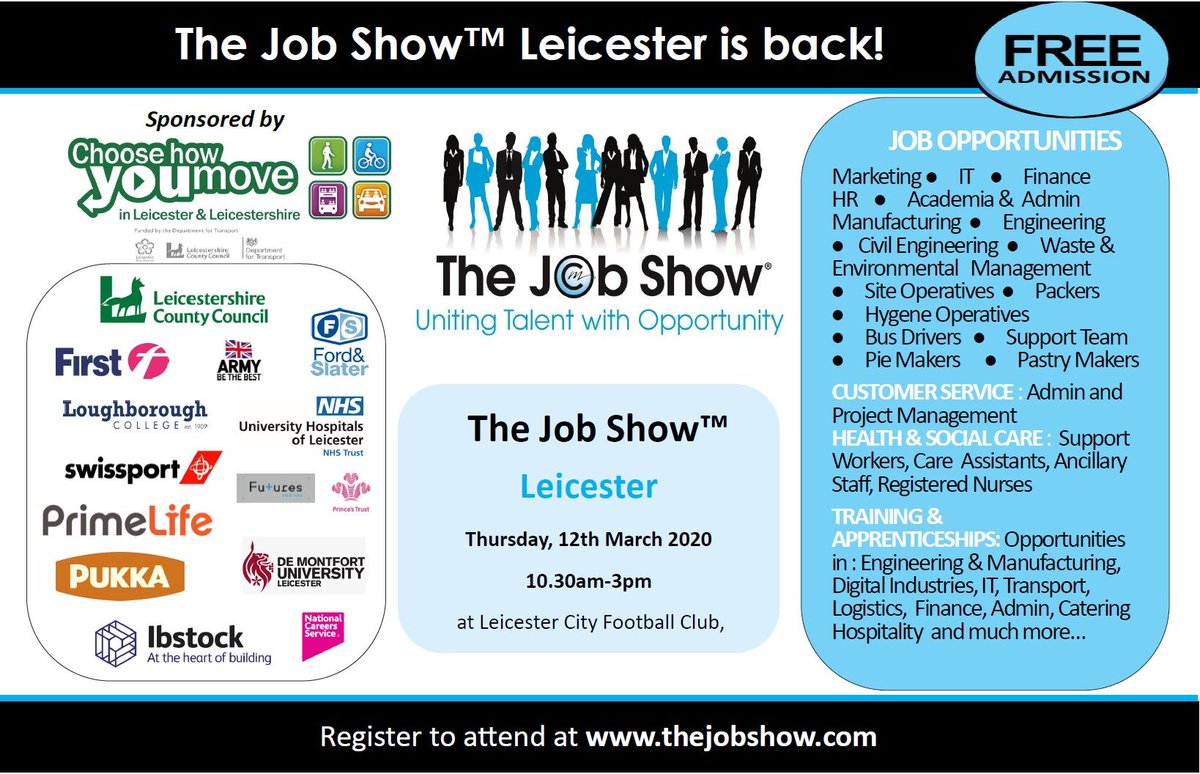 thejobshows's tweet photo. Hundreds of jobs and Apprenticeships on offer at The Job Showβ’ Leicester Thurs 12th March 10.30-3pm - register at https://t.co/ryIRLS9cDm #jobs #recruitment #recruiting #leicester #leicestershire #thejobshow https://t.co/0EfxS6EGQH